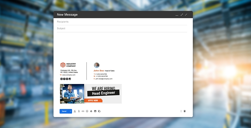 Email signature for manufacturing company. Photo: AdSigner